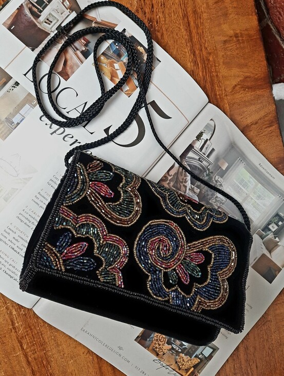 Private Label Handbags - Black Beaded Floral Evening Crossbody